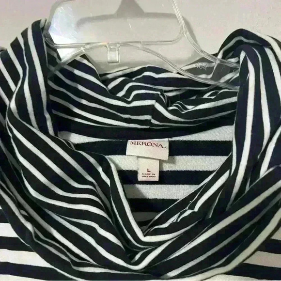 Merona Womens Cowl Neck Tunic Top Navy Blue White Striped Long Sleeve LARGE - Picture 2 of 4